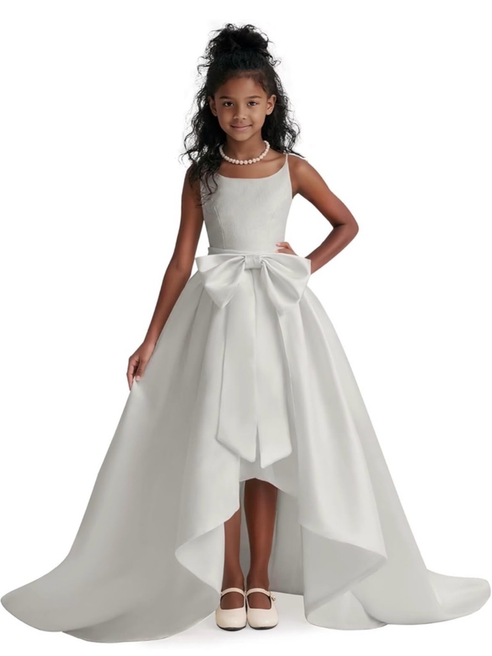 Silver/Gray Satin High-Low Flower Girl Dress with Bow